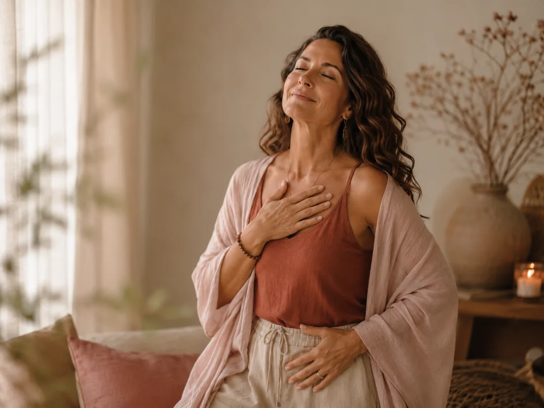 Mujer en calma con la mano en el pecho